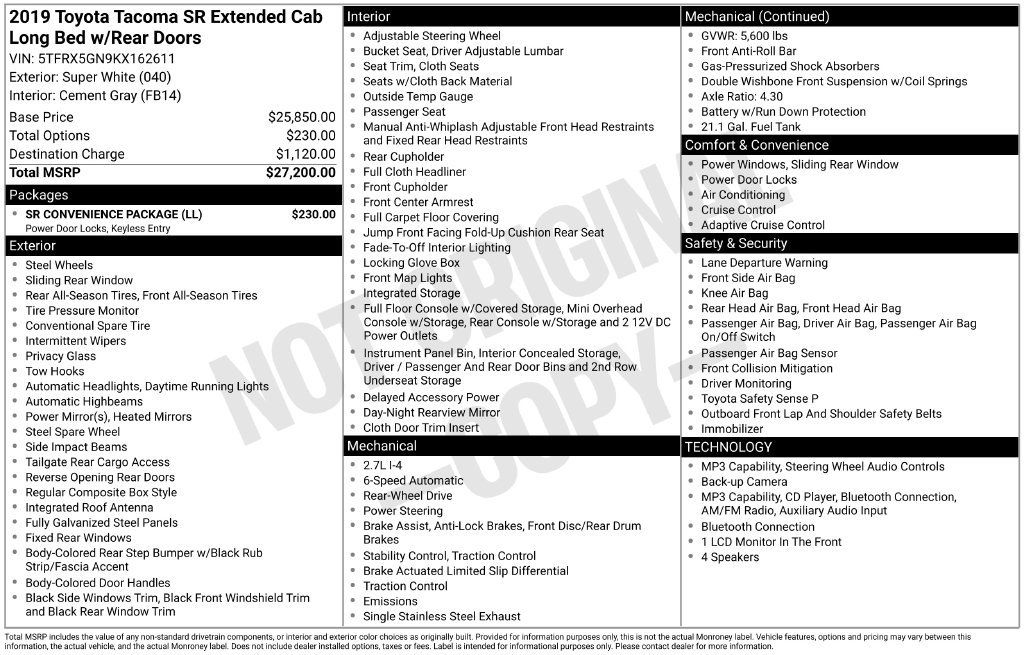 Used 2019 Toyota Tacoma SR w/ SR Convenience Package RWD image 2