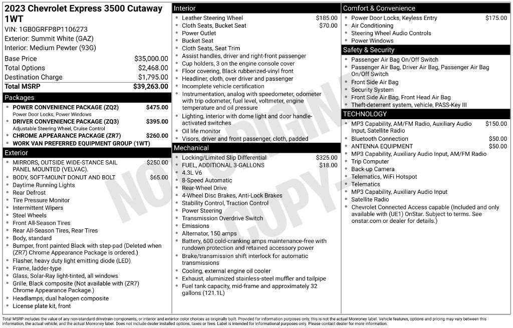 Used 2023 Chevrolet Express 3500 w/ Power Convenience Package RWD image 2