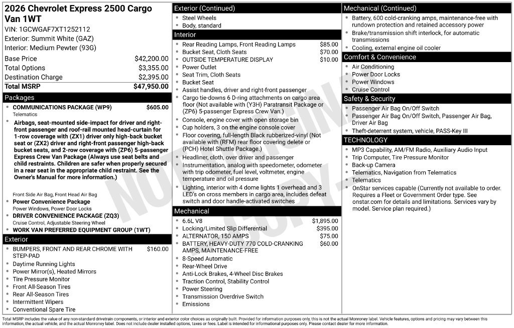 New 2026 Chevrolet Express 2500 w/ Communications Package RWD image 5