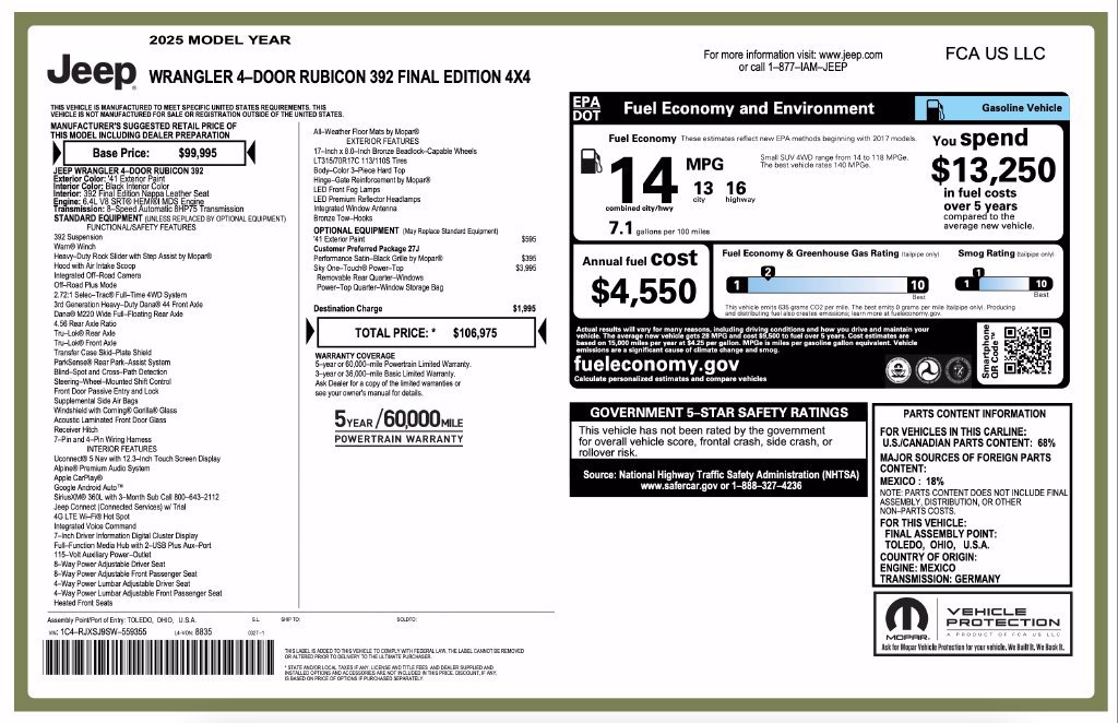 Certified 2025 Jeep Wrangler Unlimited Rubicon 392 AWD/4WD image 7