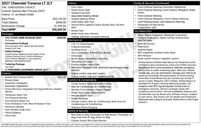 New 2027 Chevrolet Traverse LT w/ LPO, Floor Liner Package AWD/4WD image 4