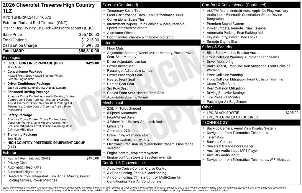 New 2026 Chevrolet Traverse High Country w/ LPO, Floor Liner Package FWD image 6
