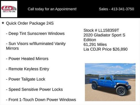 Certified 2020 Jeep Gladiator Sport w/ Quick Order Package 24S AWD/4WD image 6