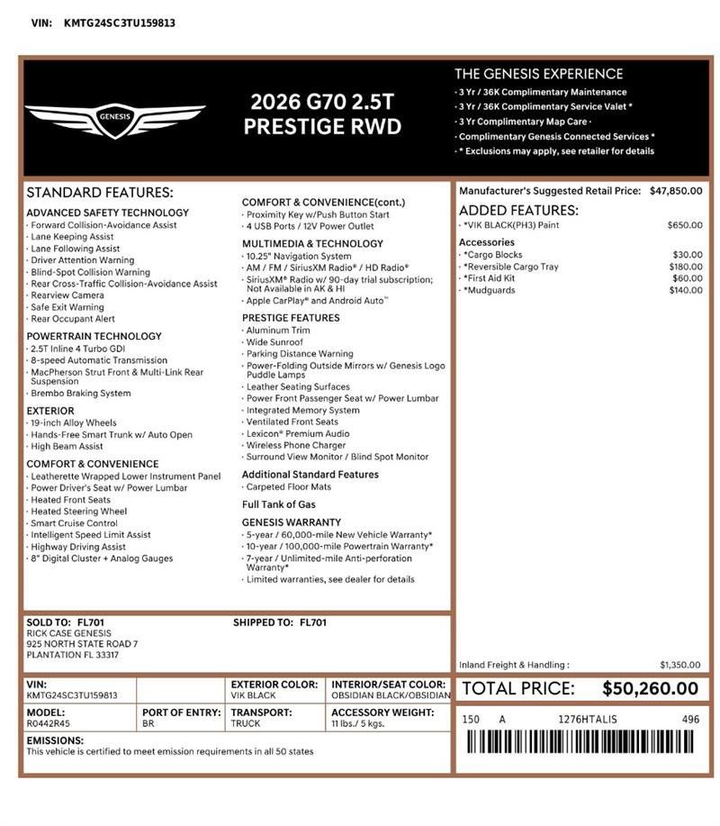 Used 2026 Genesis G70 2.5T Prestige RWD image 3