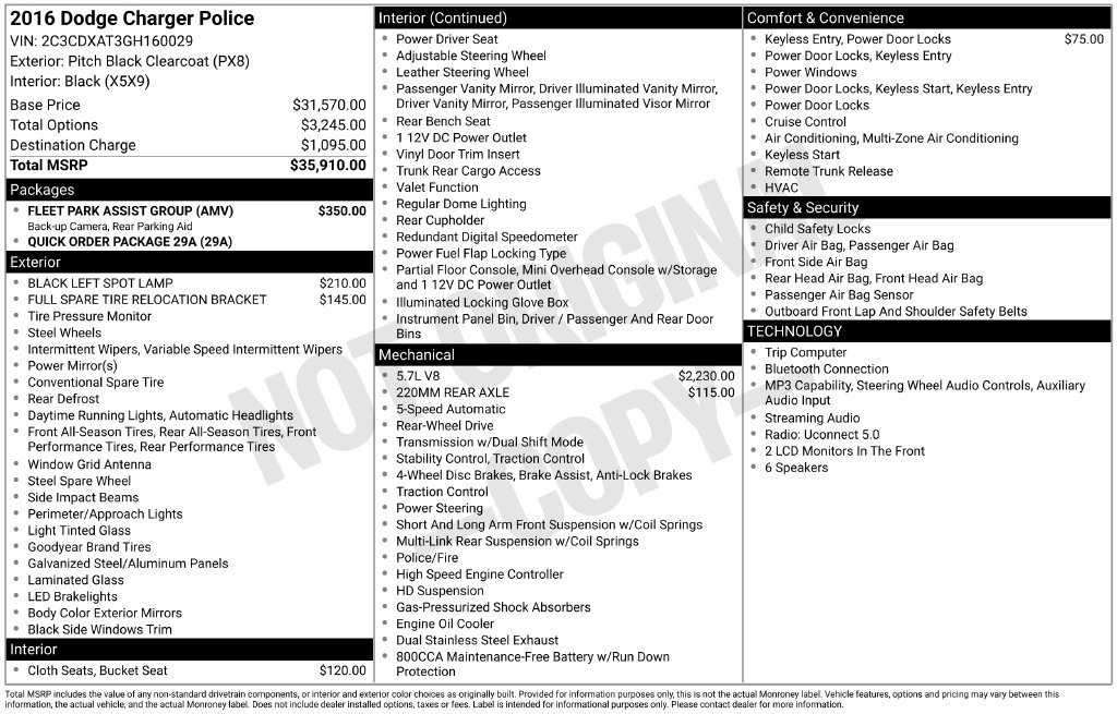 Used 2016 Dodge Charger Police w/ Fleet Park Assist Group RWD image 2