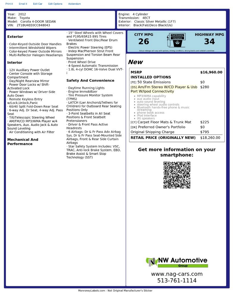 Used 2012 Toyota Corolla L FWD image 2