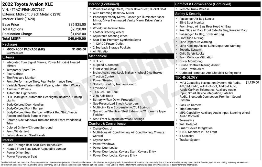 Used 2022 Toyota Avalon XLE w/ Moonroof Package FWD image 10
