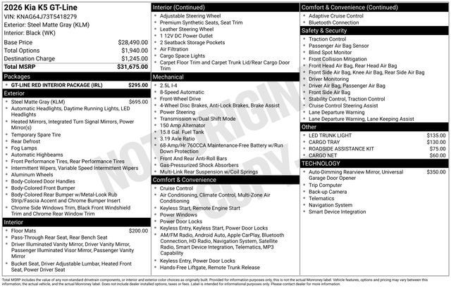 New 2026 Kia K5 GT-Line w/ GT-Line Red Interior Package FWD image 28
