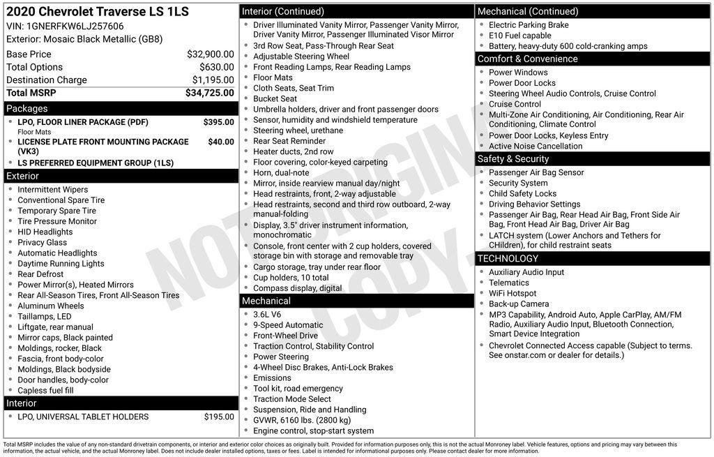 Used 2020 Chevrolet Traverse LS w/ LPO, Floor Liner Package FWD image 29