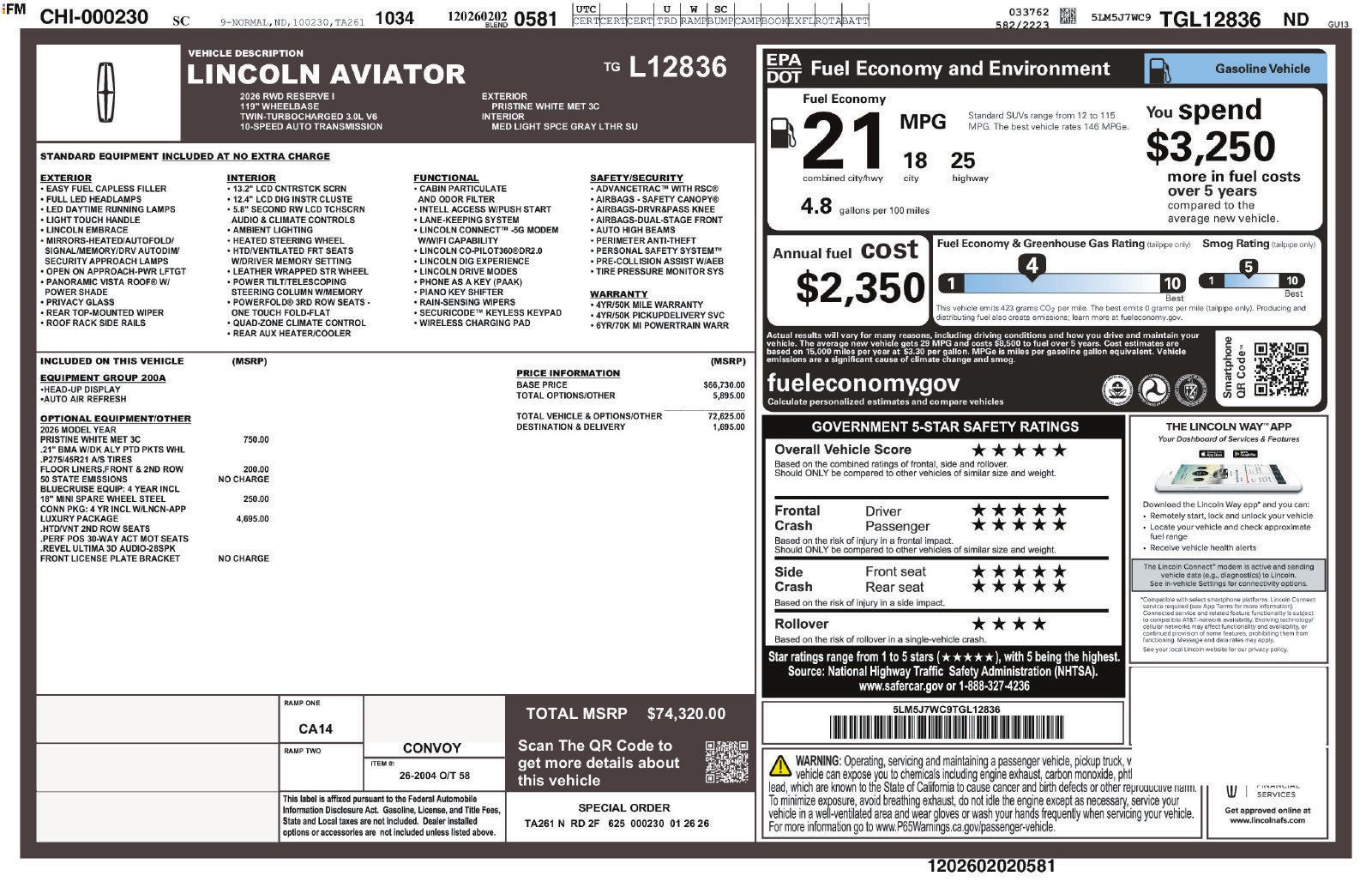 Certified 2026 Lincoln Aviator Reserve w/ Luxury Package RWD 360° Tour