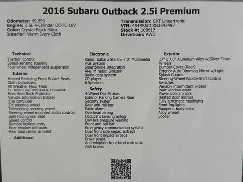 Used 2016 Subaru Outback 2.5i Premium w/ Popular Package #2 AWD/4WD image 49