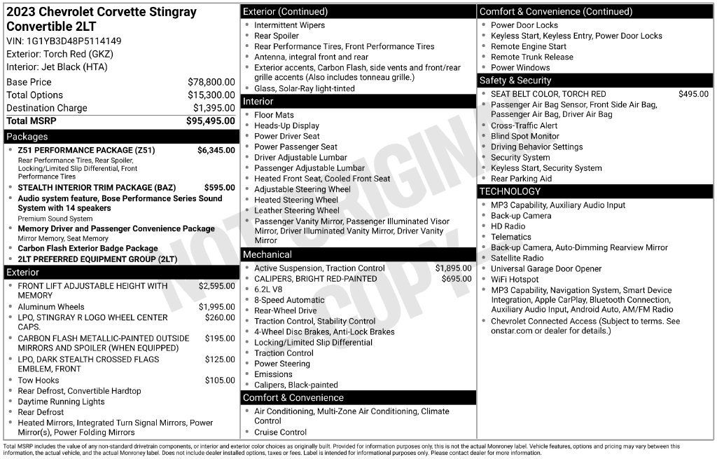 Used 2023 Chevrolet Corvette Stingray Preferred Conv w/ Z51 Performance Package RWD image 2