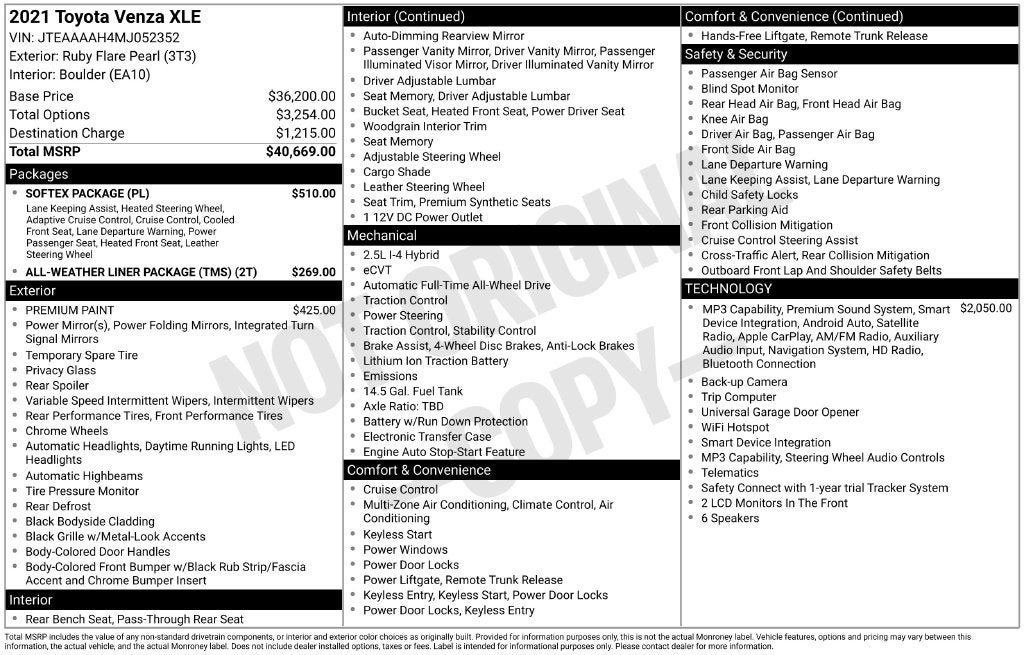 Used 2021 Toyota Venza XLE w/ Softex Package AWD/4WD image 3