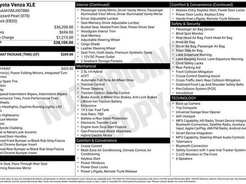 Used 2021 Toyota Venza XLE w/ Carpet Mat Package (TMS) AWD/4WD image 33