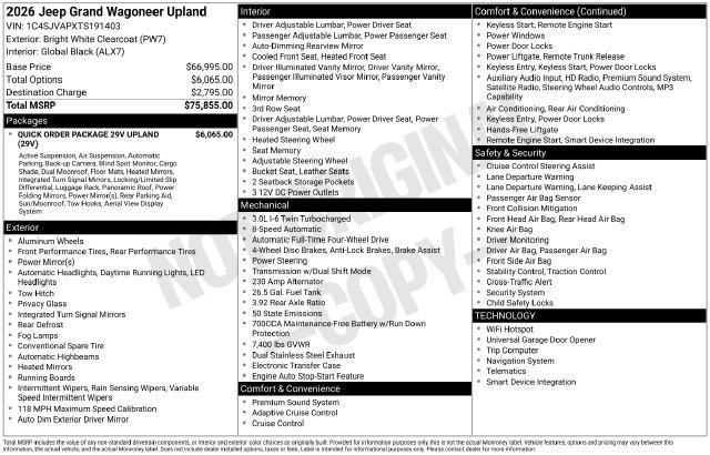 New 2026 Jeep Grand Wagoneer 4WD w/ Quick Order Packge 29V Upland image 4