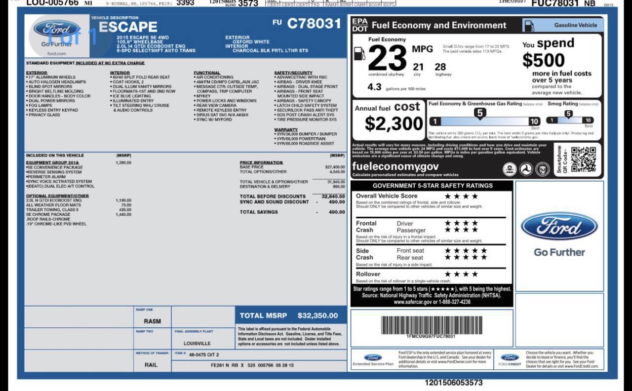 Used 2015 Ford Escape SE w/ SE Chrome Package AWD/4WD image 2