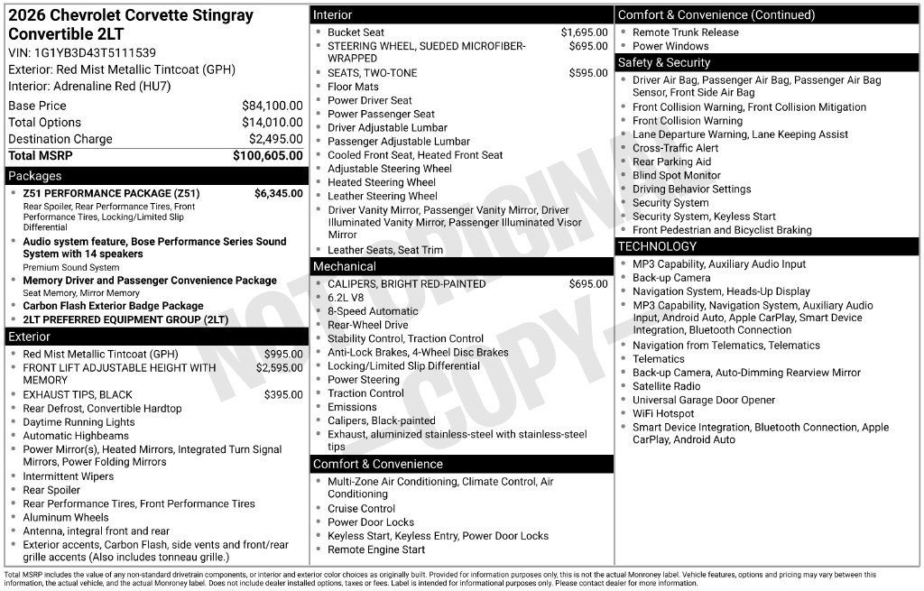 Used 2026 Chevrolet Corvette Stingray Preferred Conv w/ Z51 Performance Package RWD image 32
