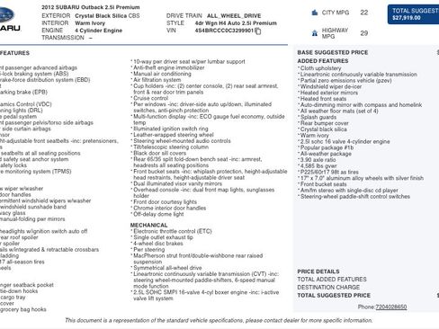 Used 2012 Subaru Outback 2.5i Premium w/ Popular Pkg 1B image 2