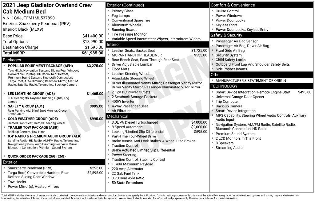 Used 2021 Jeep Gladiator Overland w/ Popular Equipment Package AWD/4WD image 38