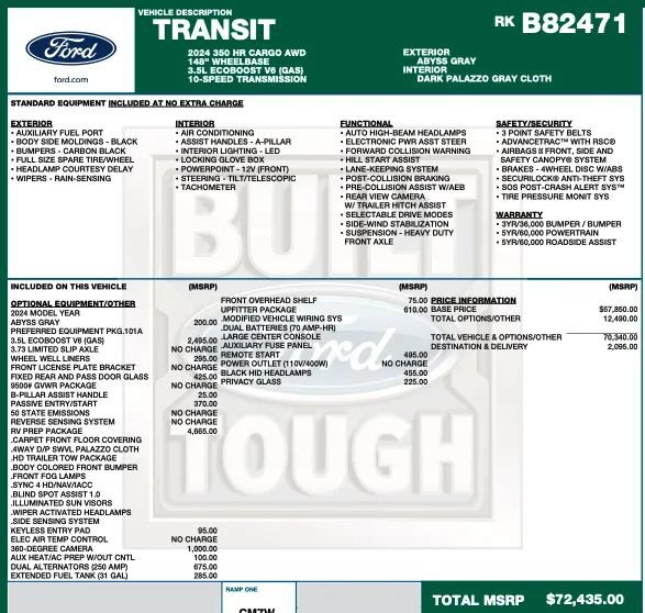 Used 2024 Ford Transit 350 148 High Roof Extended AWD w/ RV Prep Package image 2
