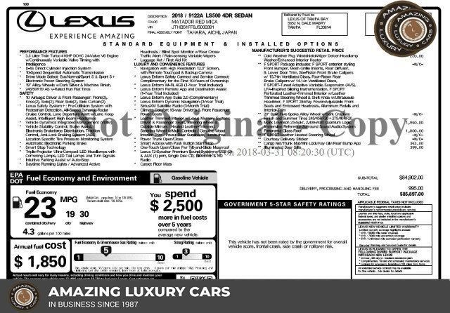 Used 2018 Lexus LS 500 F Sport w/ Accessory Package (Z2) RWD image 1
