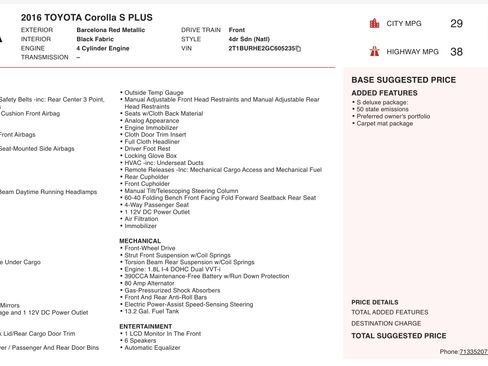 Used 2016 Toyota Corolla S FWD image 2