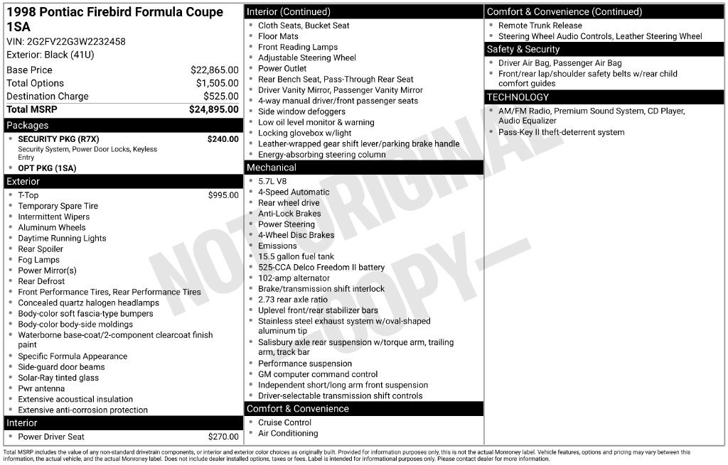 Used 1998 Pontiac Firebird Formula w/ Security Pkg RWD image 3
