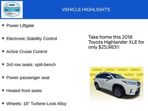 Used 2018 Toyota Highlander XLE w/ Carpet Mat Package (TMS) FWD image 19