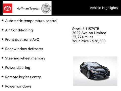 Certified 2022 Toyota Avalon Limited w/ Advanced Safety Package FWD image 16