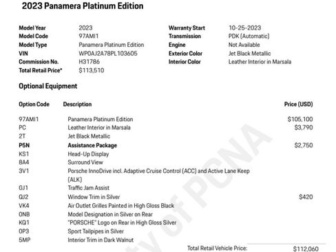 Used 2023 Porsche Panamera Platinum Edition RWD image 2