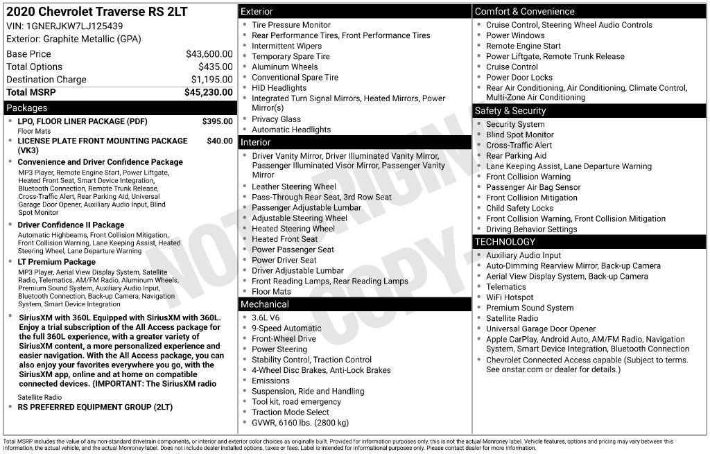 Used 2020 Chevrolet Traverse RS w/ LPO, Floor Liner Package FWD image 3