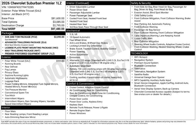 New 2026 Chevrolet Suburban Premier w/ Sun And Tow Package AWD/4WD image 5