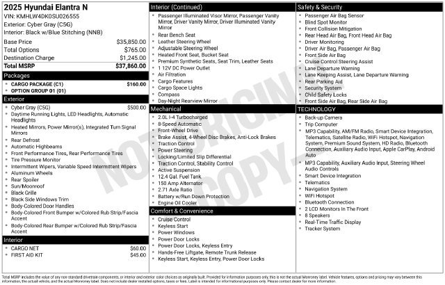 Used 2025 Hyundai Elantra N w/ Cargo Package FWD image 31