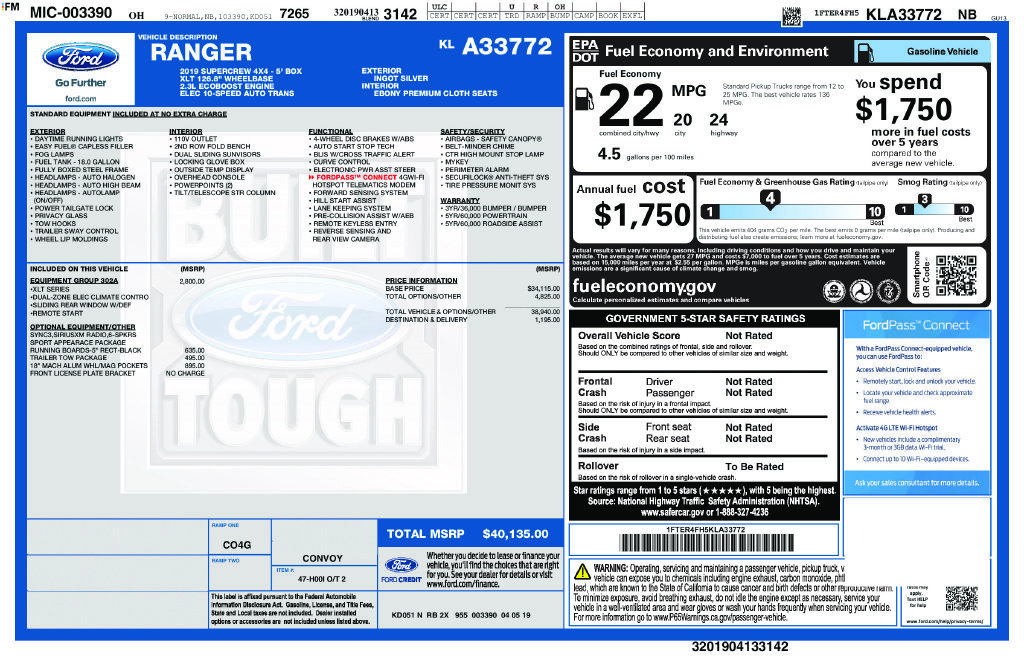 Certified 2019 Ford Ranger XLT w/ Equipment Group 302A Luxury AWD/4WD image 1