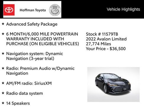 Certified 2022 Toyota Avalon Limited w/ Advanced Safety Package FWD image 9