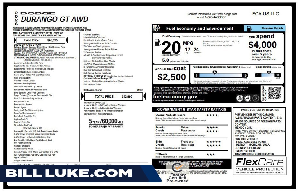 Certified 2026 Dodge Durango GT AWD/4WD image 1