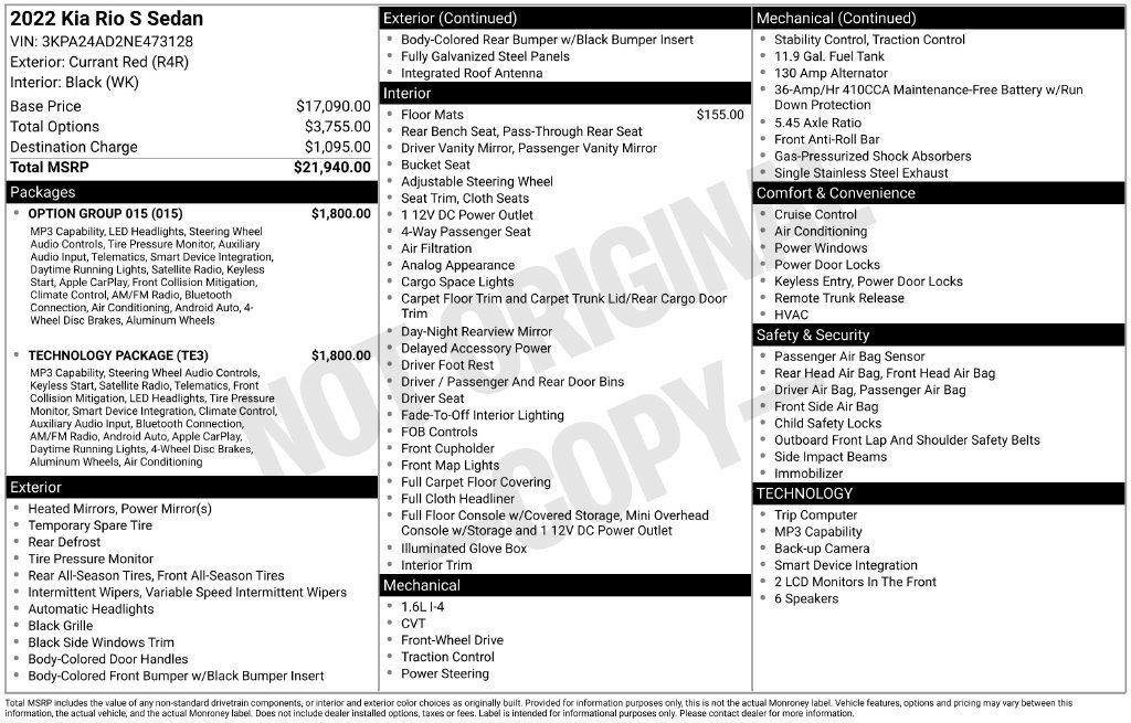 Used 2022 Kia Rio S w/ Technology Package FWD image 6