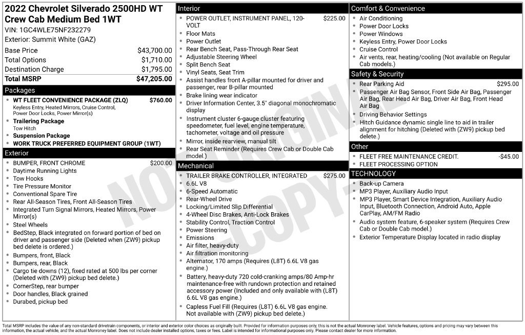 Used 2022 Chevrolet Silverado 2500 W/T w/ WT Fleet Convenience Package RWD image 6