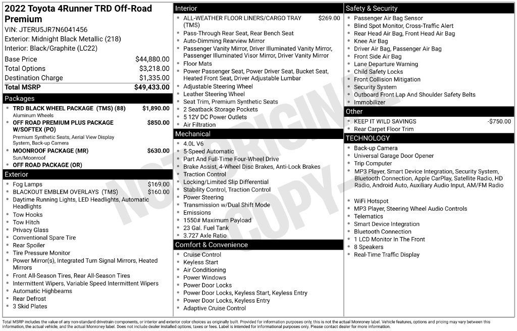 Used 2022 Toyota 4Runner TRD Off-Road Premium w/ TRD Black Wheel Package (TMS) AWD/4WD image 37