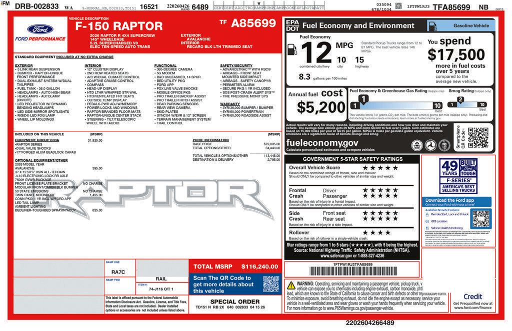 Certified 2026 Ford F150 Raptor w/ Equipment Group 803A Raptor R AWD/4WD image 56