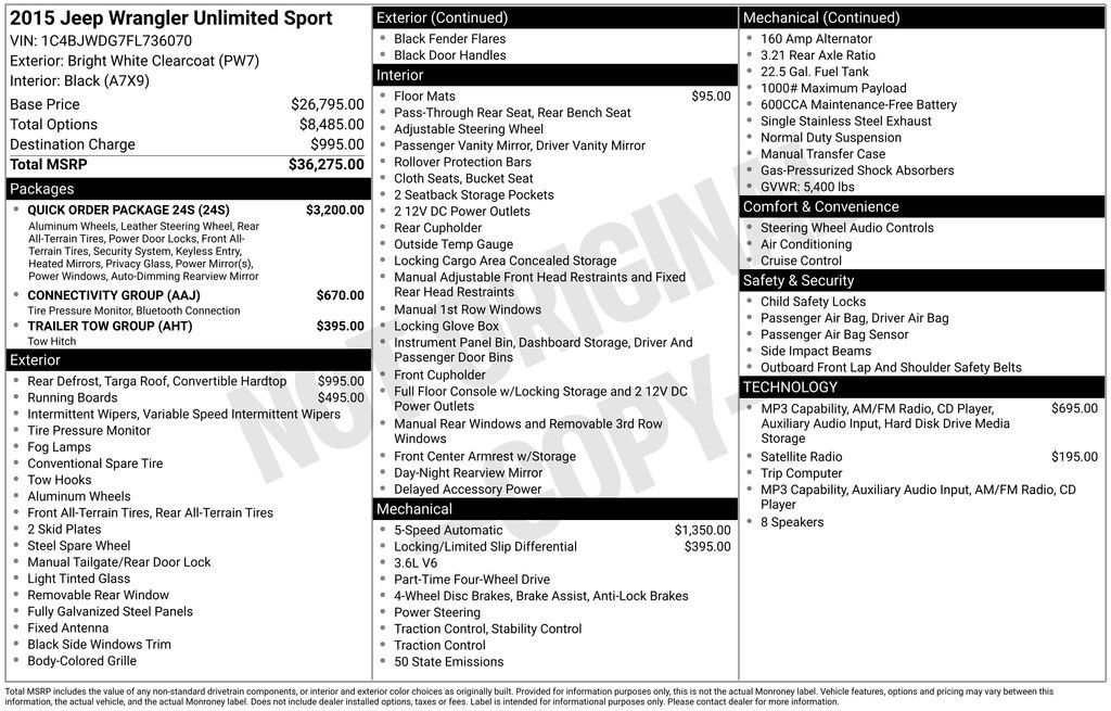 Used 2015 Jeep Wrangler Unlimited Sport w/ Quick Order Package 24S AWD/4WD image 7