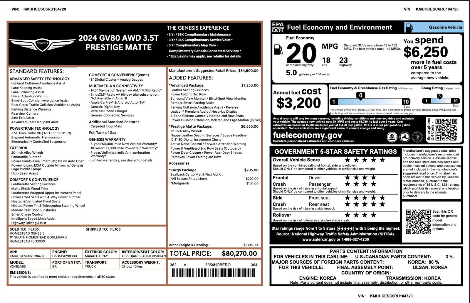 Certified 2024 Genesis GV80 3.5T w/ Prestige Matte Package AWD/4WD image 3