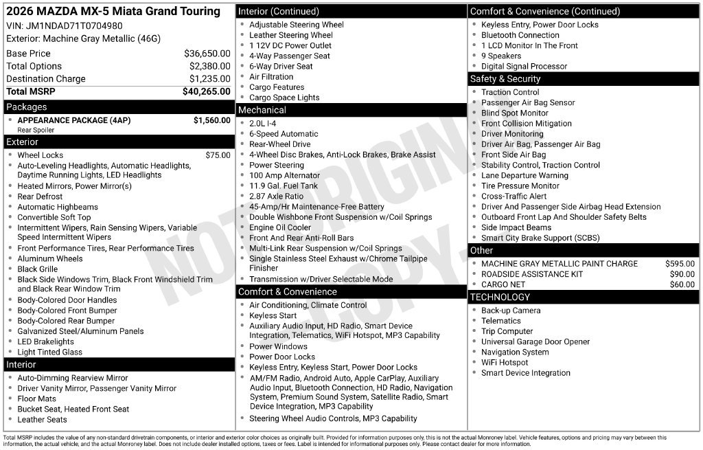 New 2026 MAZDA MX-5 Miata Grand Touring w/ Appearance Package RWD image 24