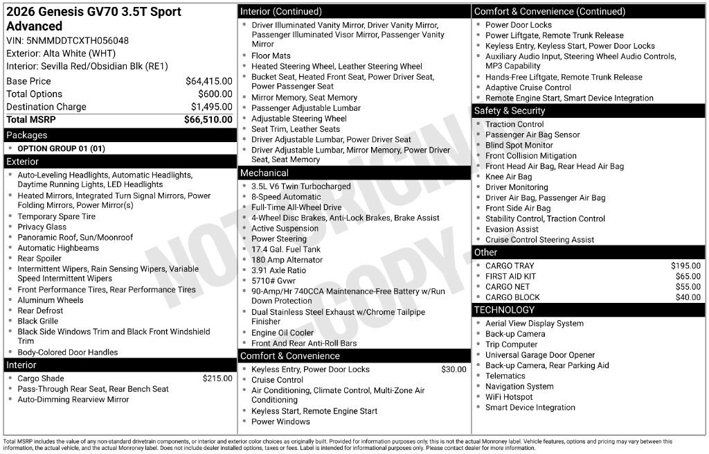 New 2026 Genesis GV70 3.5T Sport Advanced AWD/4WD image 2