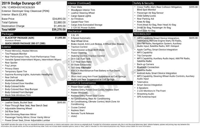 Used 2019 Dodge Durango GT w/ Blacktop Package RWD image 28