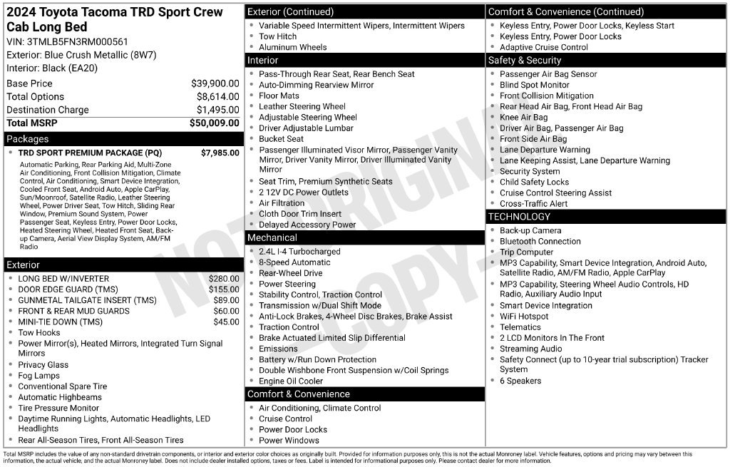 Used 2024 Toyota Tacoma TRD Sport w/ TRD Sport Premium Package RWD image 6