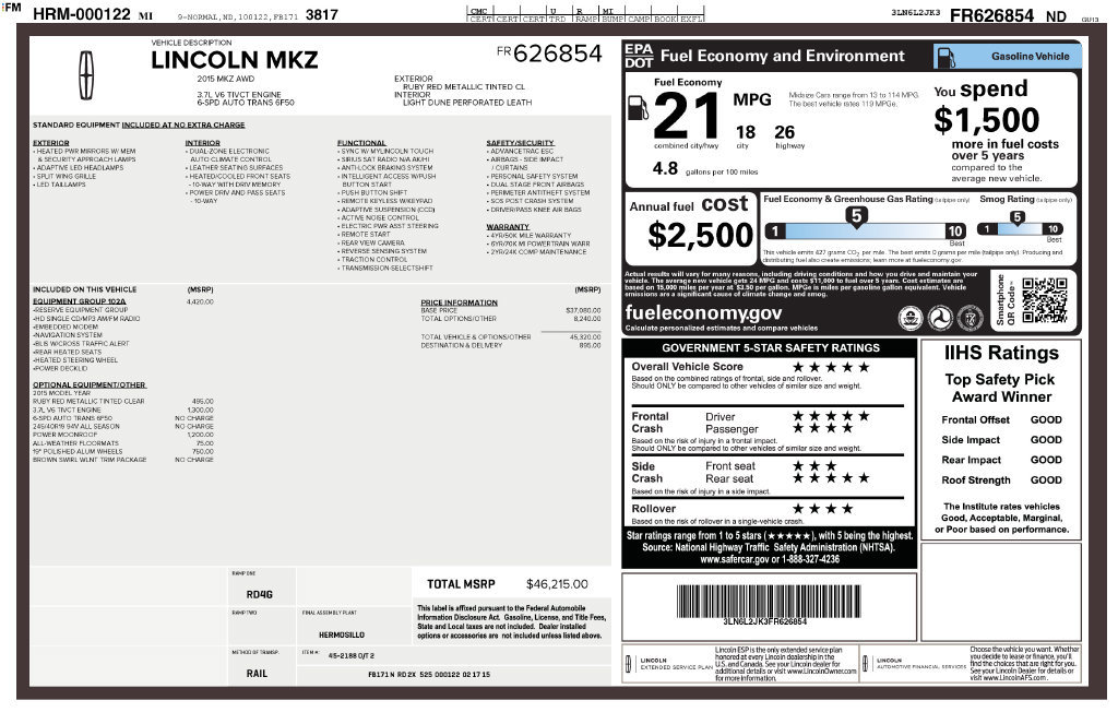 Used 2015 Lincoln MKZ AWD w/ Equipment Group 102A Reserve image 3