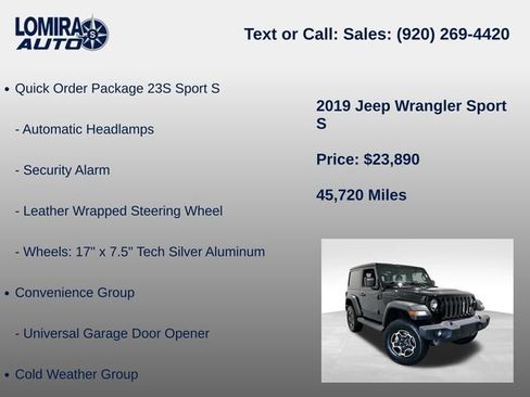 Used 2019 Jeep Wrangler Sport w/ Quick Order Package 23S AWD/4WD image 14