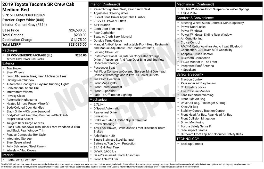 Used 2019 Toyota Tacoma SR w/ SR Convenience Package RWD image 3