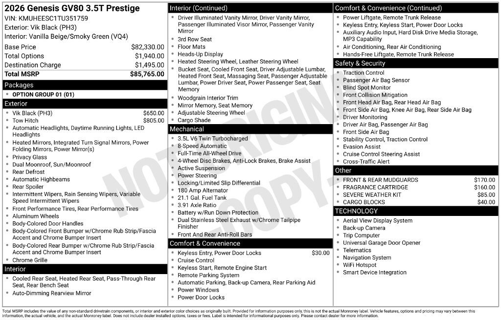 New 2026 Genesis GV80 3.5T Prestige AWD/4WD image 2